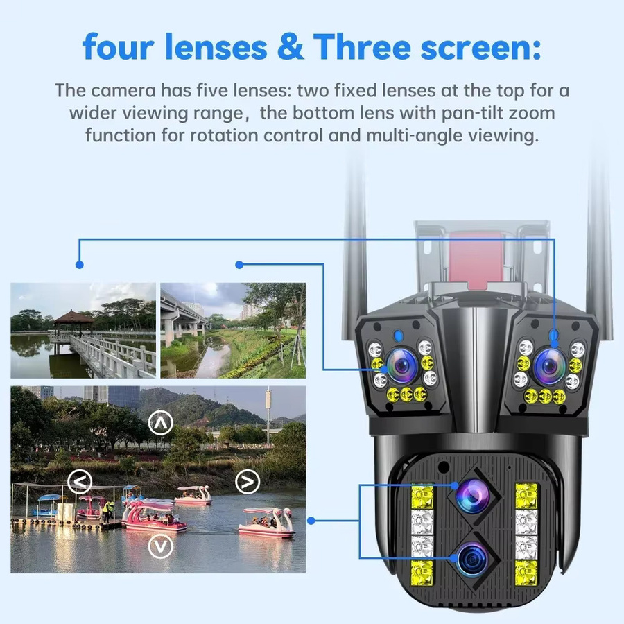 DiFang Outdoor WIFI IP Kamera 16MP 8K HD mit 10X optischem Zoom, PTZ Überwachungskamera mit automatischem Tracking und Vier-Objektiv-Drei-Bildschirm-System, Schwarz - Bild 2