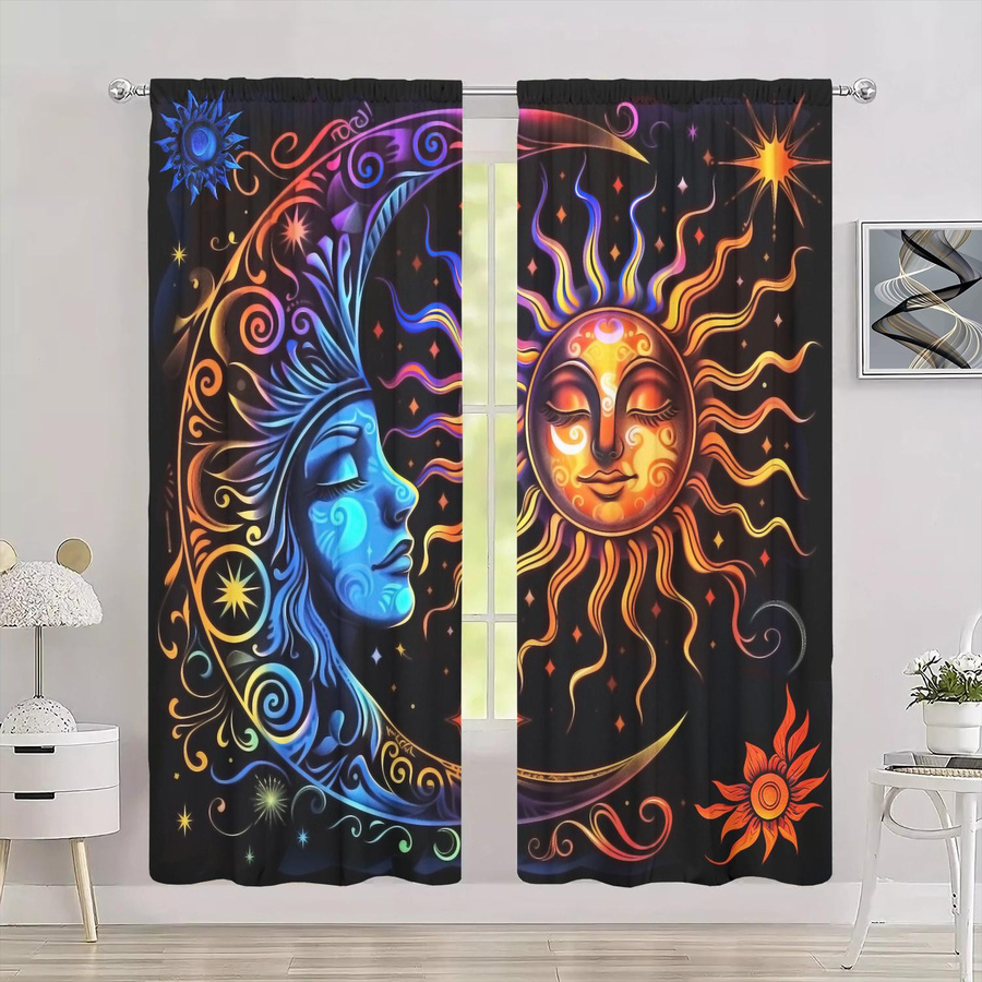 2er-Set Retro Vorhang mit Sonne und Mond Motiv, halbtransparent, mehrfarbig, B: 52,5 cm, H: 116 cm - Bild 3