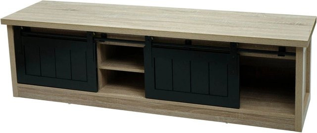 TV-Rack MCW-K75 Fernsehtisch im Industrial Design mit Schiebetüren aus Holz-Optik und Metall, naturfarben, B/T/H: 150 x 40 x 43 cm - Bild 2