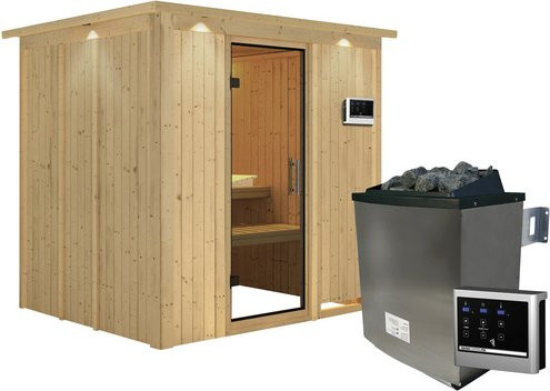 Karibu Sauna Rakvere aus Fichtenholz in Beige inklusive 9 kW Saunaofen mit externer Steuerung für 3 Personen, B/T/H: 210 x 184 x 202 cm - Bild 1