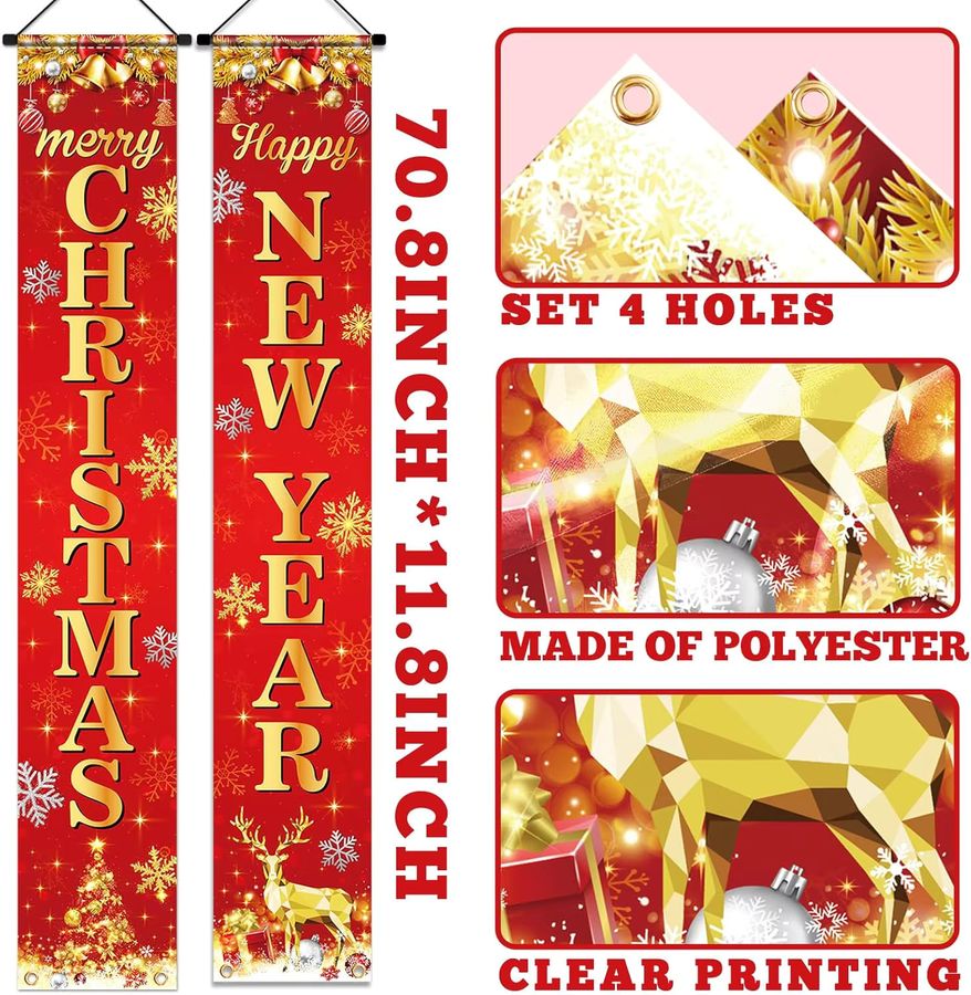 VIKAMA Neujahrs-Banner Happy Door mit Rentier-Motiv in Rot, Weihnachts-Hängeflagge aus Polyester, B/H: 30 x 180 cm - Bild 3