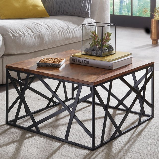 FineBuy Couchtisch aus Massivholz im Industrial-Stil, quadratisch, braun - Bild 1