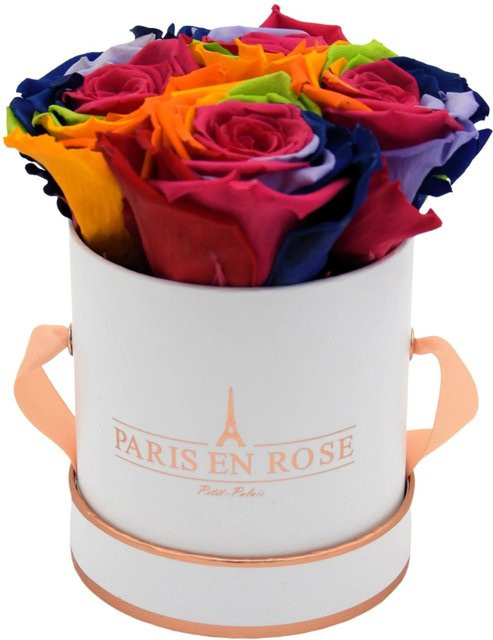 PARIS EN ROSE Rosenbox Weiß-Roségold mit 4 Rainbow Rosen, Durchmesser: 10 cm - Bild 1