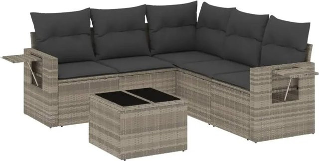 vidaXL 6-tlg Garten-Sofagarnitur in L-Form aus Polyrattan mit Kissen und Couchtisch, Hellgrau - Bild 1