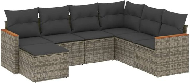 vidaXL 7-tlg. Garten-Sofagarnitur aus Poly Rattan in Grau mit Kissen und Ottoman im L-Shape Design - Bild 1