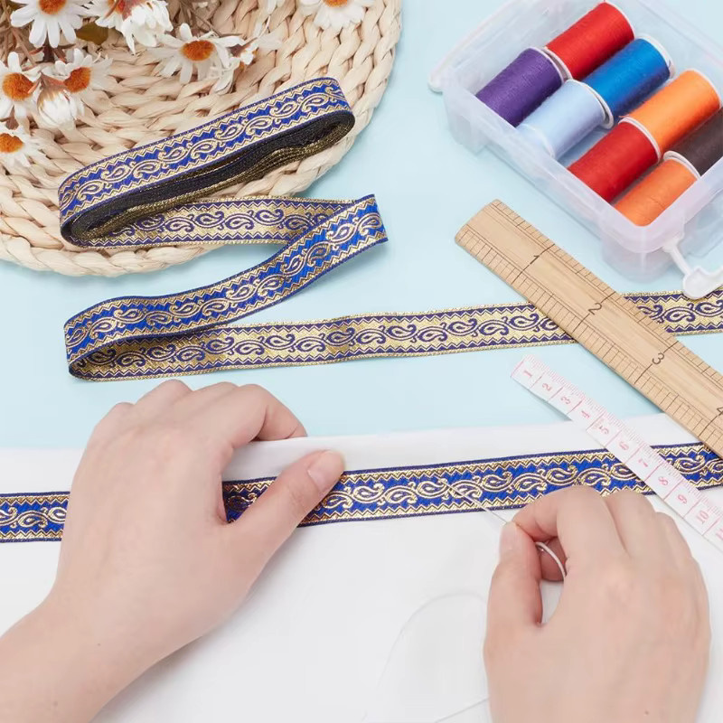 Paisley-Jacquardband aus Polyester im Ethno-Stil mit Stickerei, Farbe Blau und Gold, Breite: 2 cm, Länge: 7 Meter - Bild 3