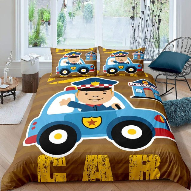 Polizeiauto Bettbezug Set mit Kissenbezügen von JMG Household Supplies, Cartoon Notfallfahrzeuge in Blau und Grau, Polyester, B/H: 135 x 200 cm - Bild 1