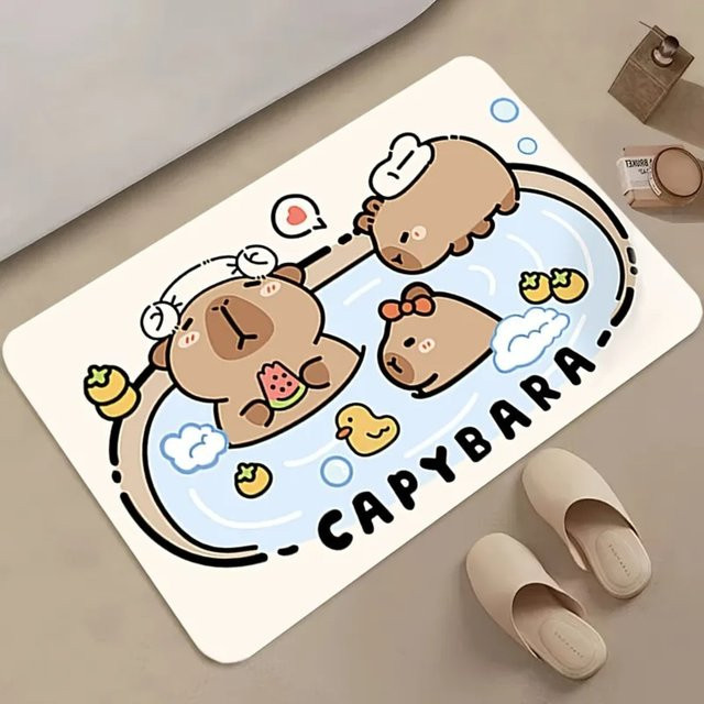 VIKAMA Badematte mit Kawaii Capybara Motiv, rutschfest und super saugfähig, waschbar, B/B: 120 x 80 cm, mehrfarbig - Bild 1