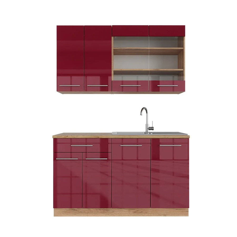 Vicco Fame-Line Singleküche Bordeaux Hochglanz und Goldkraft Eiche, moderne Küchenzeile mit Soft-Close-Türen, Breite: 140 cm - Bild 2