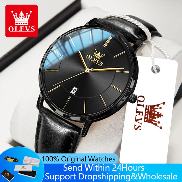 OLEVS Armbanduhr, Quarz, Leder, Schwarz, Herren - Bild 1