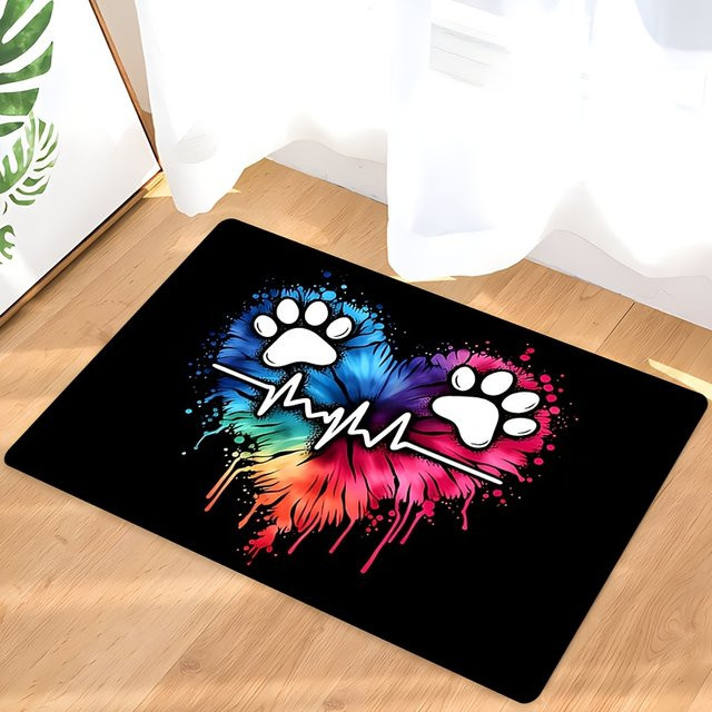 VIKAMA Herzförmiger Teppich mit Pfotenabdruck und Herzschlag-Design, rutschfest und haustierfreundlich, Mehrfarbig, B/T: 60 x 40 cm - Bild 1