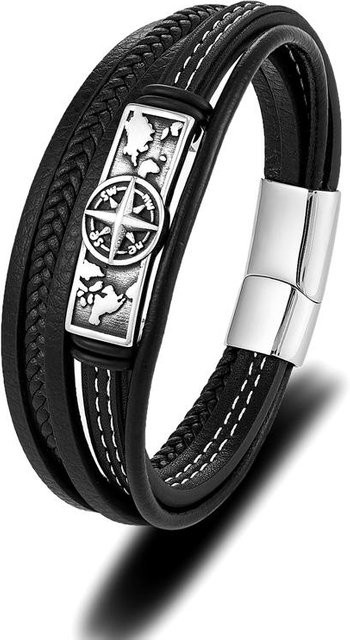 Armband Wikinger Kompass Runen Amulett, Edelstahl, Leder, schwarz, Herren, 23cm - Bild 1