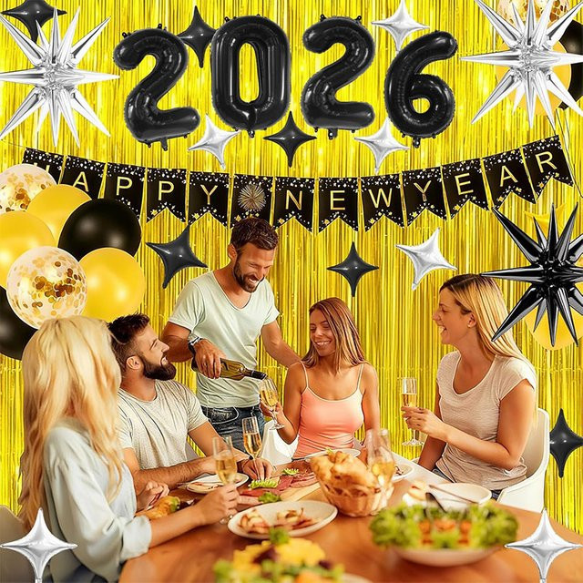 YAYB Silvester Party Dekoration Set 9-teilig mit Banner und Folienballons in Schwarz und Silber - Bild 1