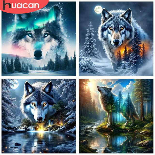 HUACAN 5D DIY Diamant-Stickerei-Set Wolf in Nordlichter-Landschaft, Mehrfarbig, Breite: 20 cm, Höhe: 20 cm - Bild 1