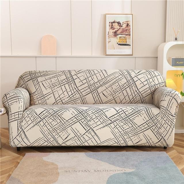 S-EMIGA Stretch-Sofabezug mit Grafikprint in Beige, elastischer Möbelschutz für 1- bis 4-Sitzer, Breite: 90-140 cm - Bild 1