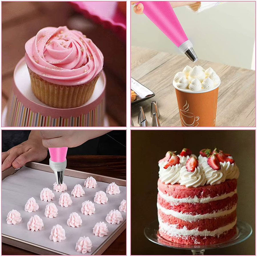 Wiederverwendbares Spritzbeutel-Set aus Silikon mit Edelstahl-Spritzdüsen in Pink zum Dekorieren von Kuchen und Gebäck - Bild 4