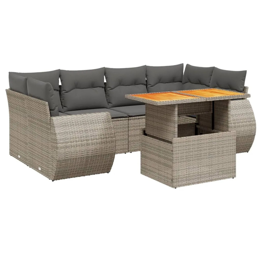 vidaXL 7-teilige Garten-Sofagarnitur in L-Form aus Poly-Rattan und Akazienholz mit Kissen in Grau - Bild 2