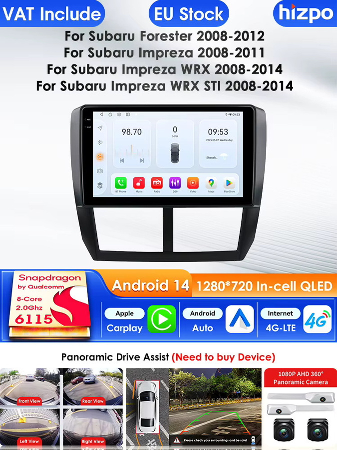 Hizpo Android 14 Autoradio mit Carplay, 4G AI System und GPS für Subaru Forester 3 SH (2007-2013) und Impreza, Multimedia Video Player in Schwarz - Bild 3