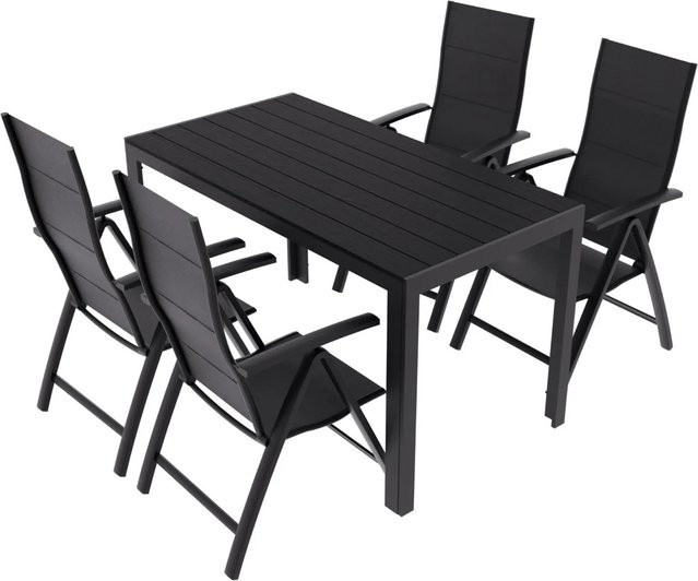 LEX Gartenmöbel Set aus Aluminium mit 5-teiliger Essgruppe bestehend aus Tisch und Stapelsesseln in Anthrazit und Schwarz - Bild 1