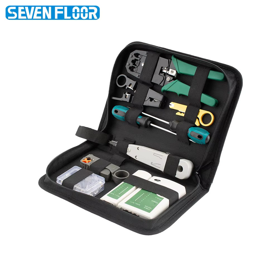 Seven Floor Netzwerk-Kit mit Cat5 RJ45 Crimpzange, Kabeltester, Eintressierwerkzeug, Schraubendreher, Abisolierzange und modularen Steckern in Schwarz - Bild 2