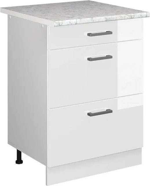 Vicco Küchenunterschrank R-Line Weiß Hochglanz mit Schubladen und Marmor-Optik, Breite: 60 cm, Höhe: 81,6 cm, Tiefe: 31,03 cm - Bild 2