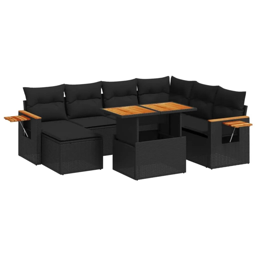 vidaXL 8-teilige Garten-Sofagarnitur in L-Form aus schwarzem Poly-Rattan mit Kissen und Akazienholz - Bild 2