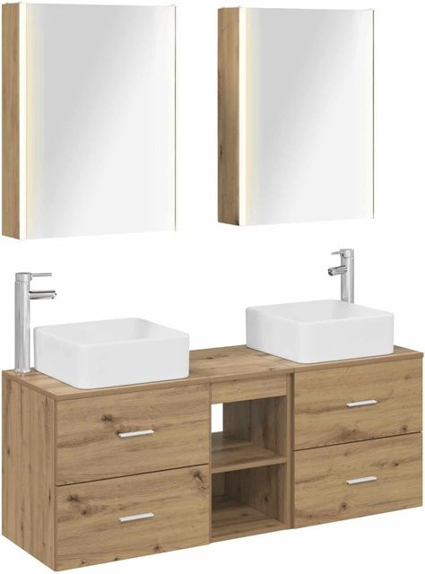 vidaXL Badezimmermöbel-Set 5-teilig in Artisan-Eiche und Glas, modern, braun, mit LED-Beleuchtung und Spiegelschrank - Bild 1