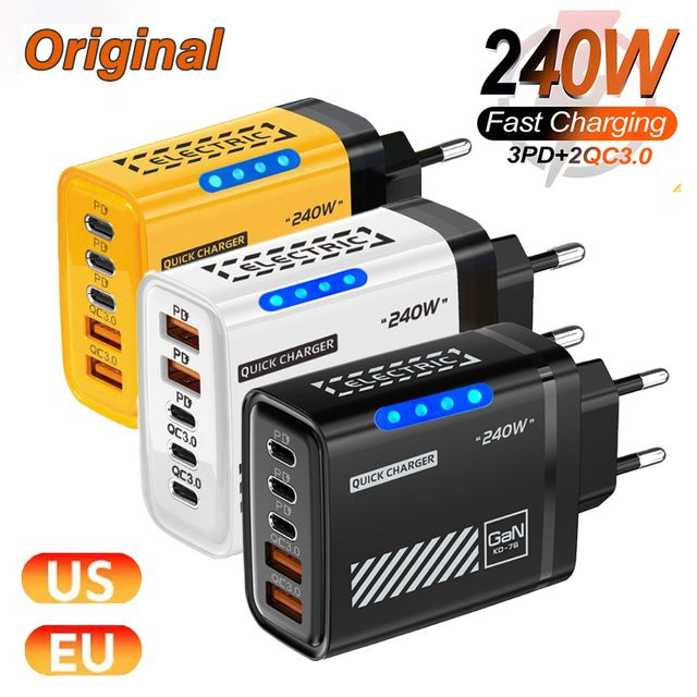 Xiaomi 240 W GaN Schnellladegerät mit 5 Ports und QC 3.0 Wandladegerät Adapter für iPhone Samsung und Xiaomi - Bild 1