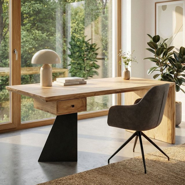 Finebuy Schreibtisch aus Massivholz im Industrial Design, Farbe Braun, Breite: 180 cm - Bild 1