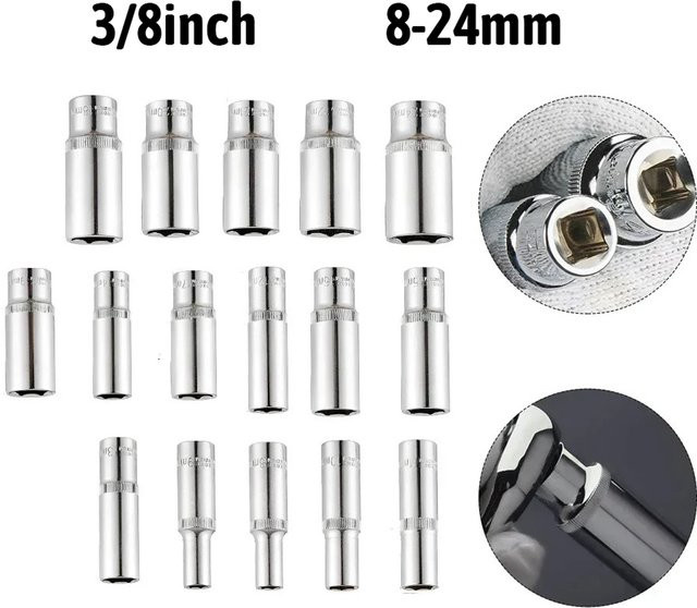 Steckschlüsseladapter 3/8 Zoll mit Innensechskant aus Chrom-Vanadium-Stahl in Silber für 8–24 mm - Bild 1