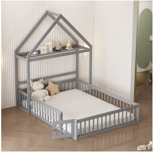 MUVOE Kinderbett im Hausrahmen aus Massivholz mit Stauraum und Sicherheitsgittern, Grau, B: 140 cm, L: 200 cm - Bild 1