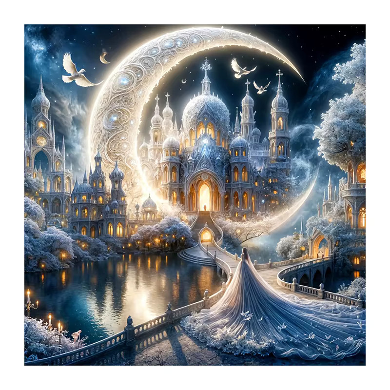 Huacan 5D-Diamantgemälde Mondschloss Prinzessin als Diamant-Mosaik Landschaft in Multicolor, B/H: 20 x 20 cm - Bild 4