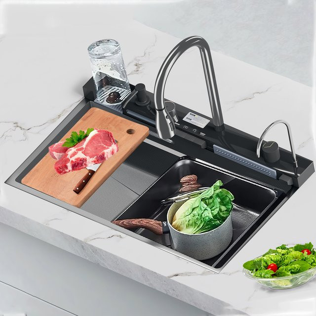 DWiusty Wasserfall-Küchenspüle aus Edelstahl 304 in Silber oder Schwarz mit Digitalanzeige, Seifenspender und Tassenwascher - Bild 1