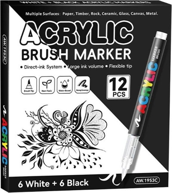 12 Stück Flüssig-Acryl-Marker mit Pinselspitze in Weiß, Schwarz und Multicolour zum Malen auf Papier, Holz, Glas, Stoff, Metall und Stein - Bild 1