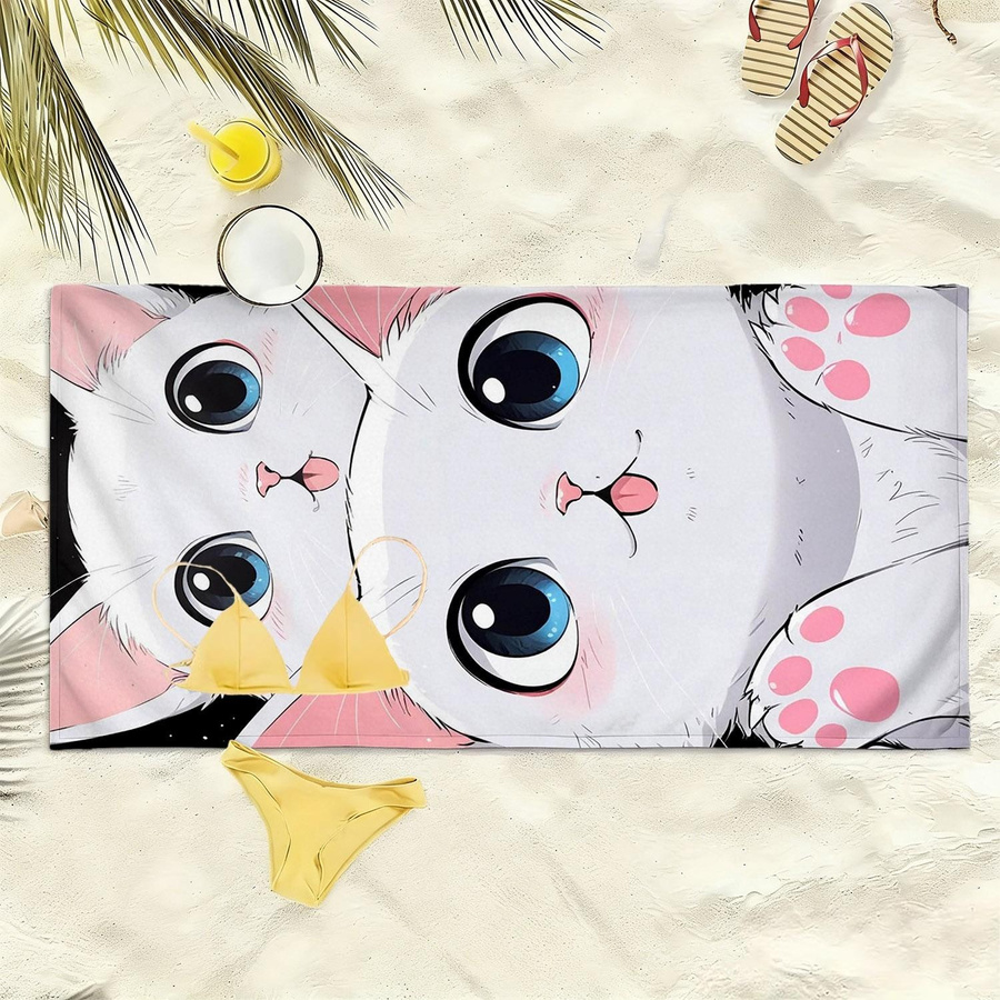 Dalangpa Strandtuch für Kinder mit niedlichem Cartoon-Katzen-Pfotenmuster aus Mikrofaser in Weiß, Breite: 30 cm, Höhe: 60 cm - Bild 3