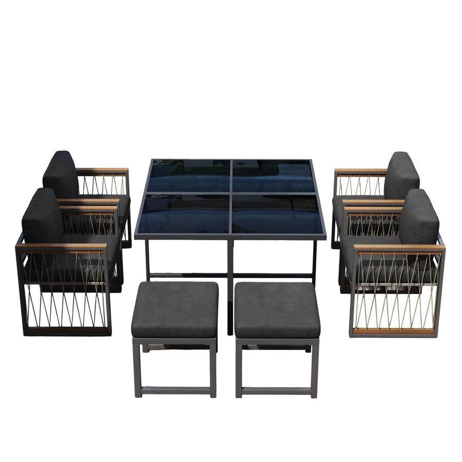 okwish Gartenmöbel Lounge Set mit Tisch aus gehärtetem Glas und Akazie in Schwarz und Grau - Bild 2