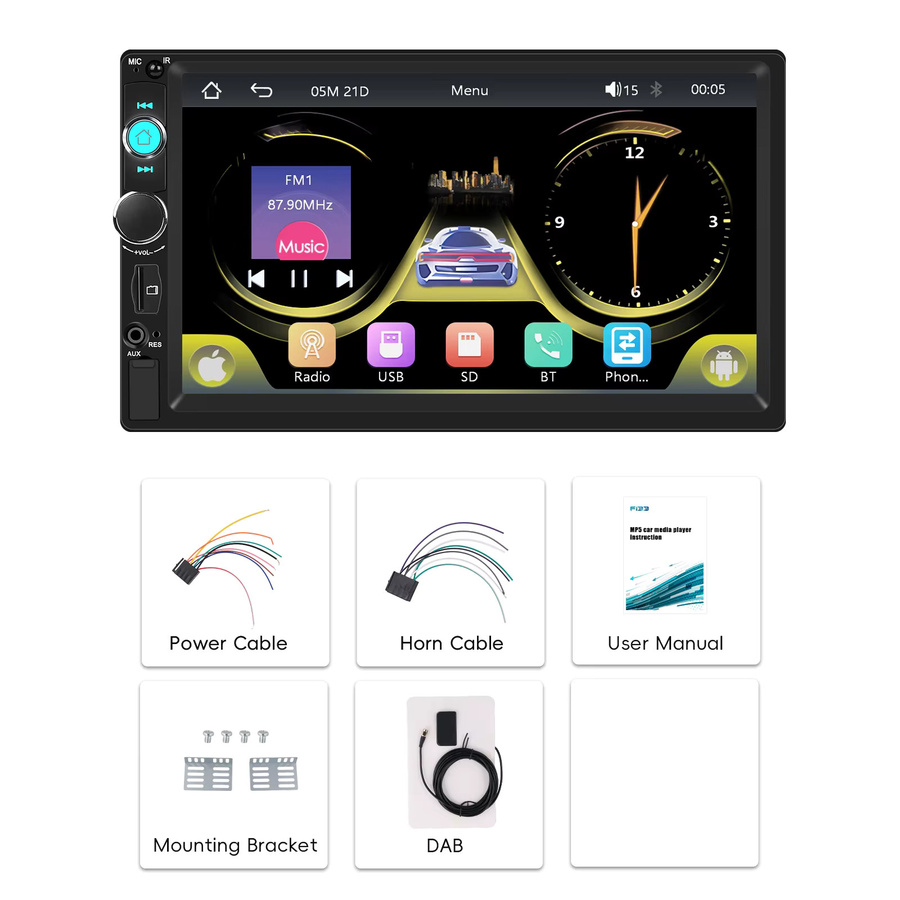 Podofo 2Din Multimedia Player mit 7 Zoll Display, Drahtloses CarPlay und Android Auto, Bluetooth, USB, FM, DAB und Mirrorlink in Schwarz - Bild 3