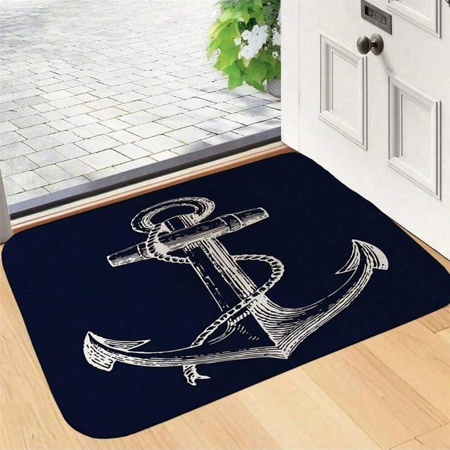 Wucifang Jewelry Fußabtreter mit Anker-Motiv in Marineblau und Weiß, rutschfest und waschbar, B/B: 40 x 60 cm - Bild 1