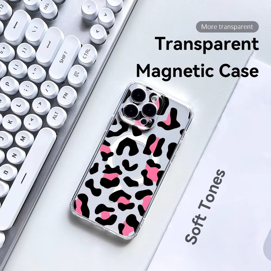 Magnetische iPhone Handyhülle in Rosa Leoparden-Design, transparente und schlanke kabellose Abdeckung für Apple iPhone 17 16 15 14 13 12 Pro Max Plus - Bild 3