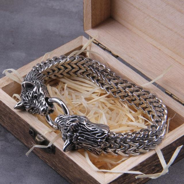 Charm Bracelet Allbestart, Wolf, Edelstahl, Mesh Chain, Gold, Grau, Herren, 23cm - Bild 1