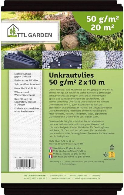 TTL GARDEN Unkrautvlies Schwarz 20m² (2 x 10m), 50g/m², UV-stabiles Mulchvlies für deinen Garten - Bild 1