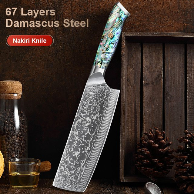 Baovim Nakiri-Messer aus Damaststahl mit buntem Abalone-Muschelgriff, 17,78 cm - Bild 1