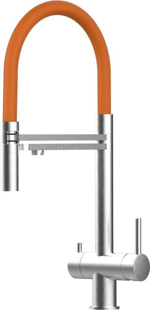 Vizio Küchenarmatur aus Edelstahl mit 3-Wege-Wasserhahn, 360 Grad schwenkbarem Auslauf und abnehmbarer 2-Strahl Handbrause, gebürstet, Orange/Silber - Bild 1