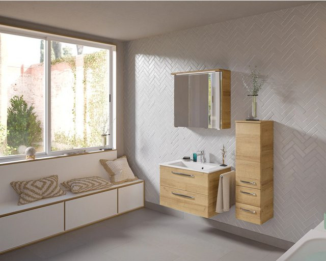 Pelipal Badmöbelset Trentino in Riviera Eiche mit Waschtisch, Waschtischunterschrank, Spiegelschrank und Midischrank, Breite: 109 cm - Bild 1