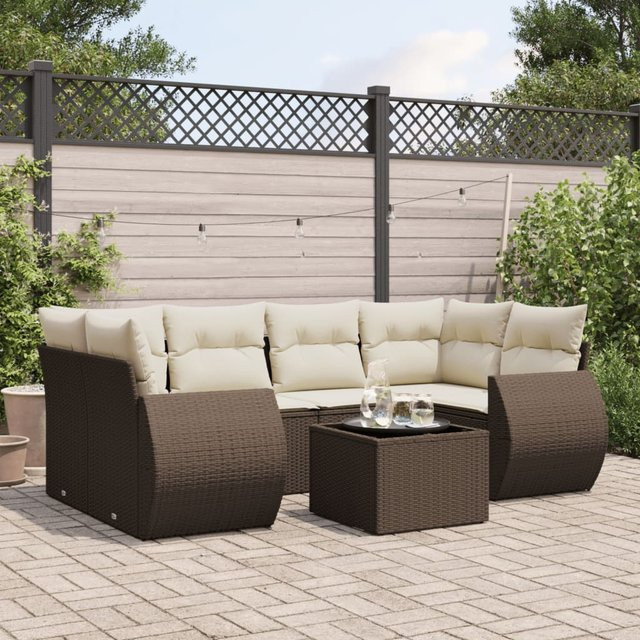 vidaXL 7-tlg. Garten-Sitzgruppe in L-Form aus Polyrattan mit Kissen in Braun - Bild 3