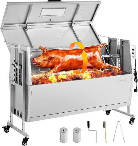 VEVOR Drehspießgrill mit 38 W Leistung, Edelstahl-Rotisserie-Grillset für Spanferkel und Lamm, 60 kg Tragkraft, mit Rädern und 4-facher Höhenverstellung, Grilllänge: 116,84 cm - Bild 1