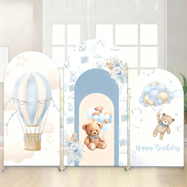 LS Bär Baby Show Bogen Hintergrund Abdeckung Blau mit Heißluftballon und Sternen für Geburtstag und Neugeborenen Jungen - Bild 1
