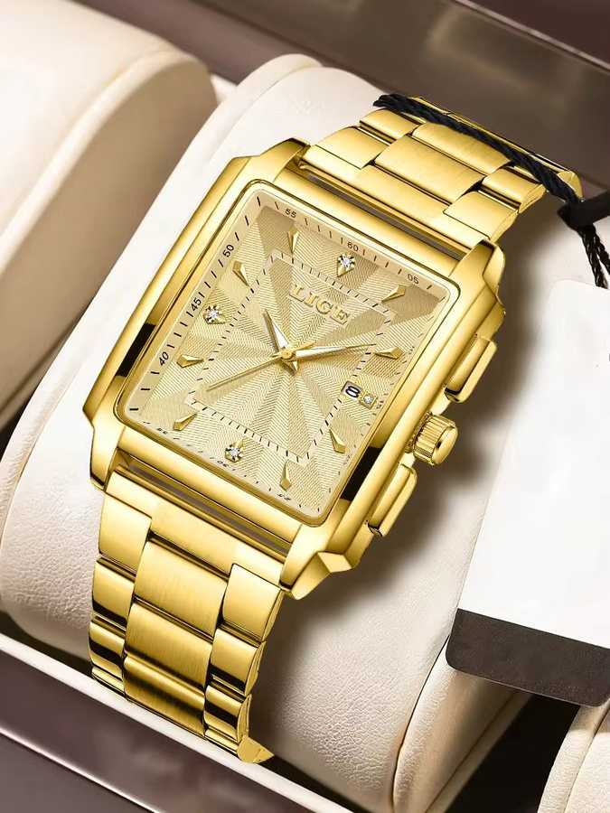 LIGE Armbanduhr Chronograph, Quarz, Edelstahl, Gold, eckig, Herren - Bild 7