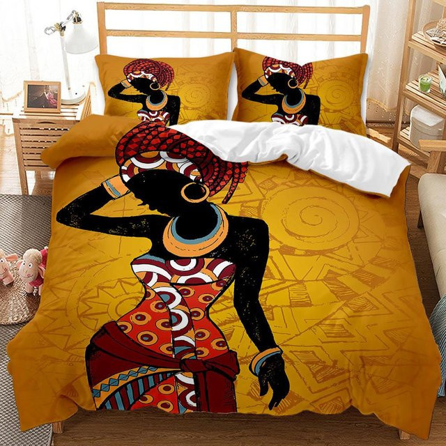 Binchi Outdoor Product Afrikanisches Bettwäscheset aus Mikrofaser in Orange mit ethnischem Design, bestehend aus 3-teiligem Set mit Bettbezug und Kissenbezügen, B/H: 140 x 200 cm - Bild 1