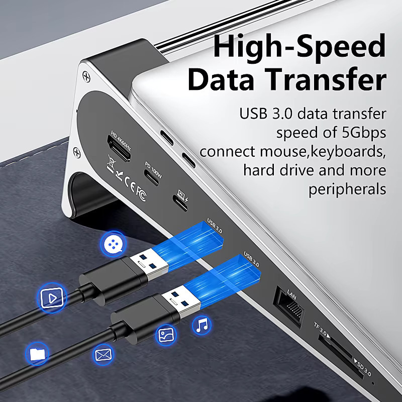 Blueendless USB-C Dockingstation Laptop-Halterung mit 4K 60Hz HD, SD/TF-Kartenleser, USB 3.0 5Gbps und PD100W Ladestation in Silber - Bild 2